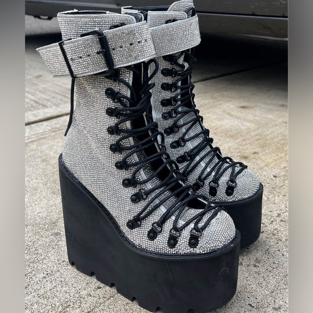 Silver and Black Platform Combat Boots